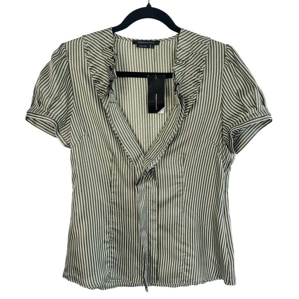 BCBGMAXAZRIA 100% Silk Striped Blouse Patina Green Ruffle V-Neck Small NWT Flaw